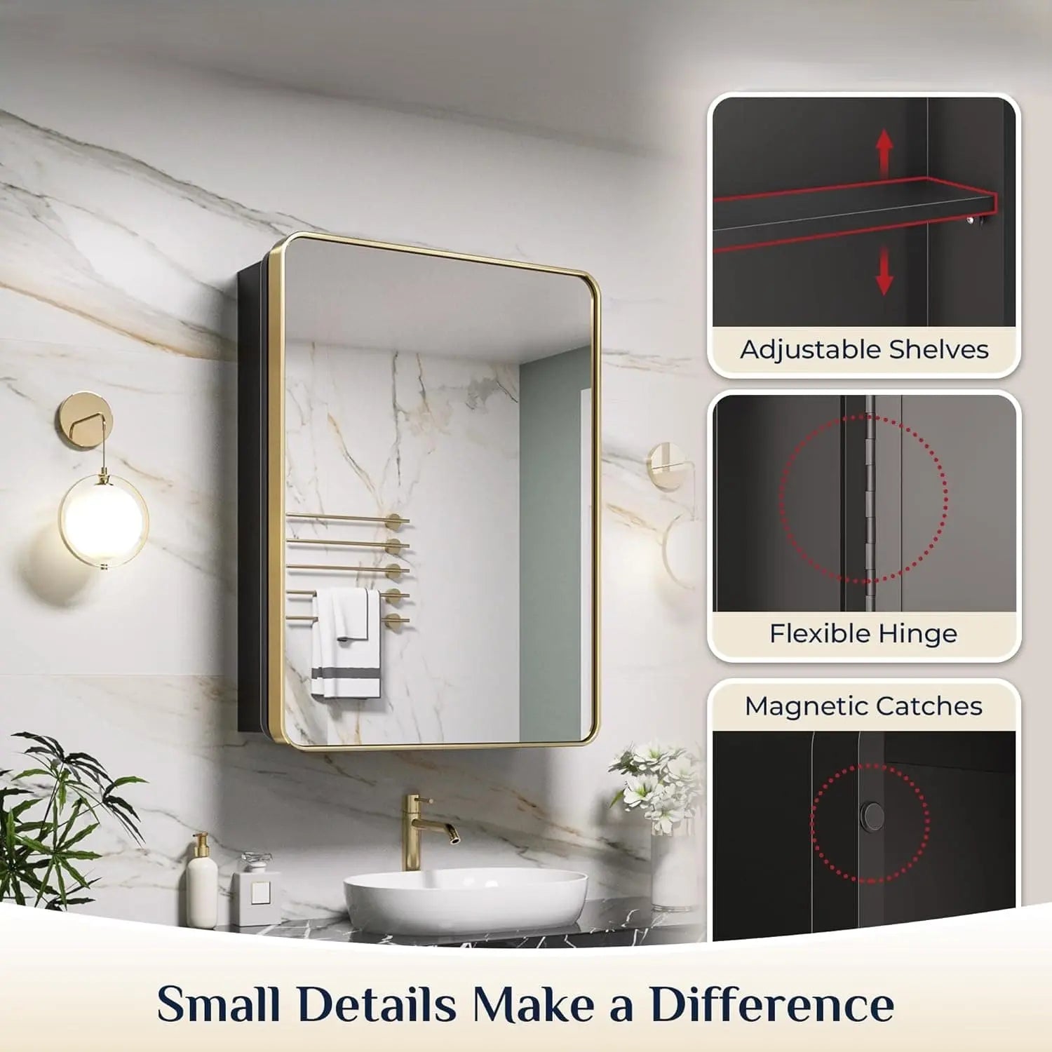 Bathroom Vanity Medicine Cabinet with Mirror – Brushed Brass Finish, Stainless Steel Frame, Rounded Rectangular Shape, Adjustable Shelves, Recessed or Surface Mount Installation
