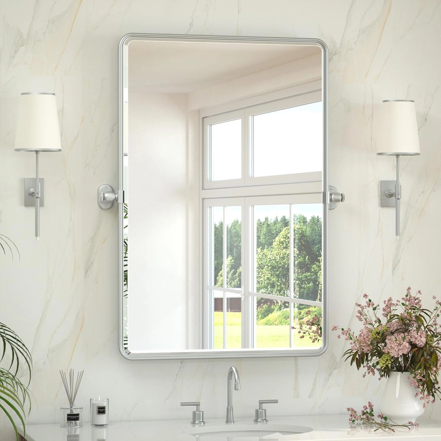 Pivot Rectangular Vanity Mirror – Metal Framed Wall Mirror with Beveled Edges and Rounded Corners, Modern Farmhouse Style, Adjustable Design, Horizontal or Vertical Mount