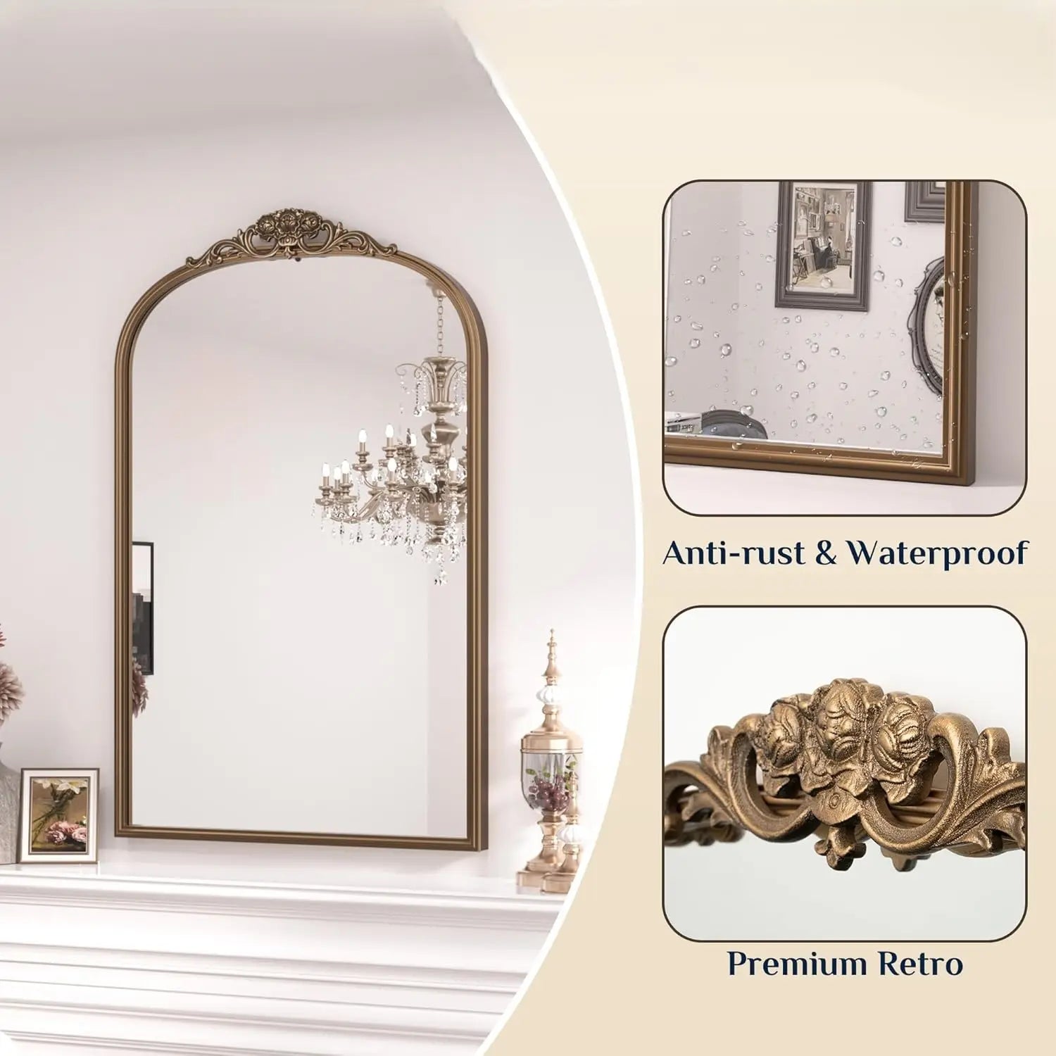 Vintage Arched Mirror – Ornate Baroque Decorative Wall Mirror for Bathroom, Mantle, Entryway, or Living Room, Antique Brass Finish with French Cleat Mounting for Easy Installation