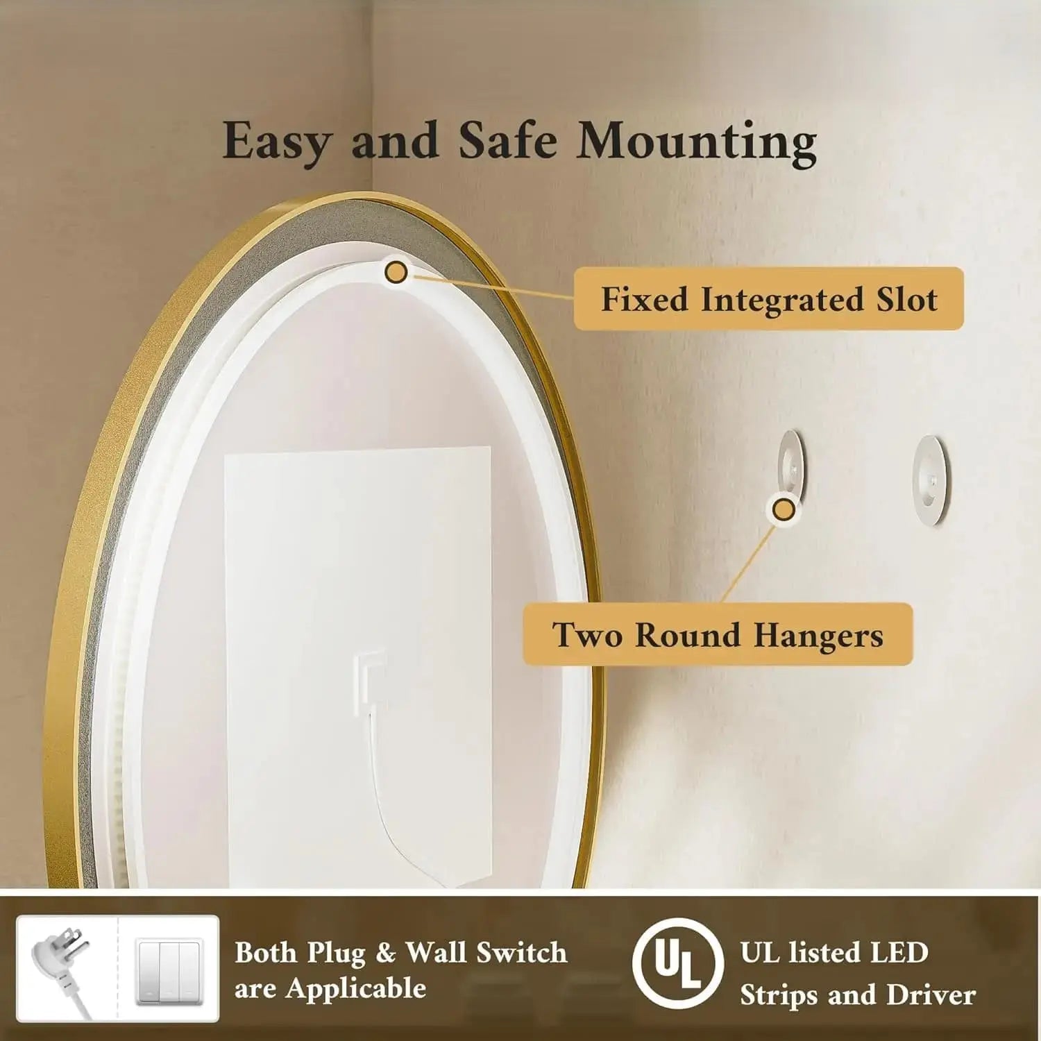 Round LED Mirror, Metal Framed Round Circle Lighted Bathroom Vanity Mirror Wall Mounted, Front and Backlit 3 Color Stepless Dimmable Anti Fog, Shatterproof, CRI 90+