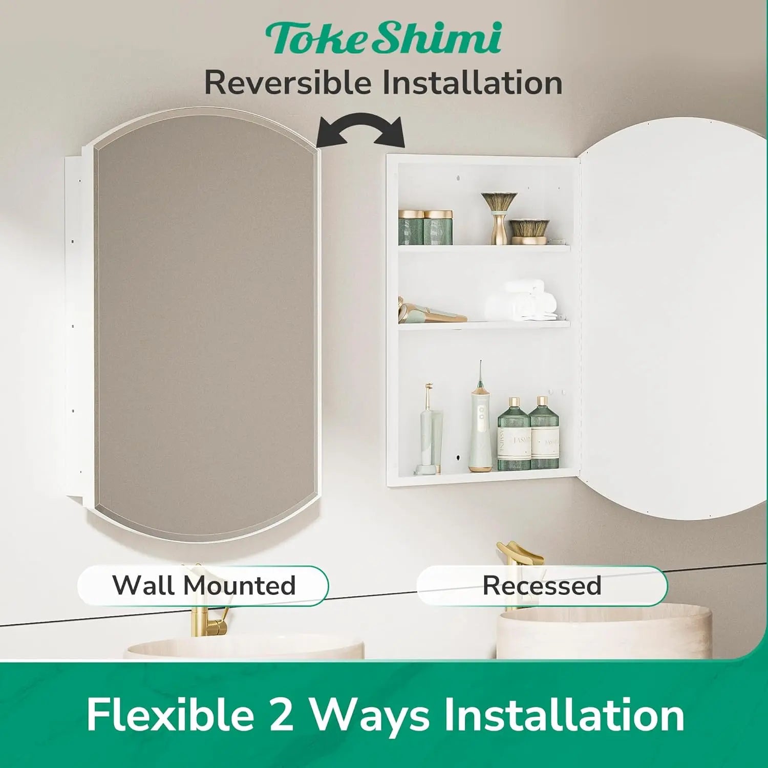 Bathroom Vanity Medicine Cabinet with Beveled Mirror – White Arched Design, Recessed or Wall Mount, Modern Metal Frame Storage Cabinet with Mirrored Door for Stylish and Functional Vanity Use