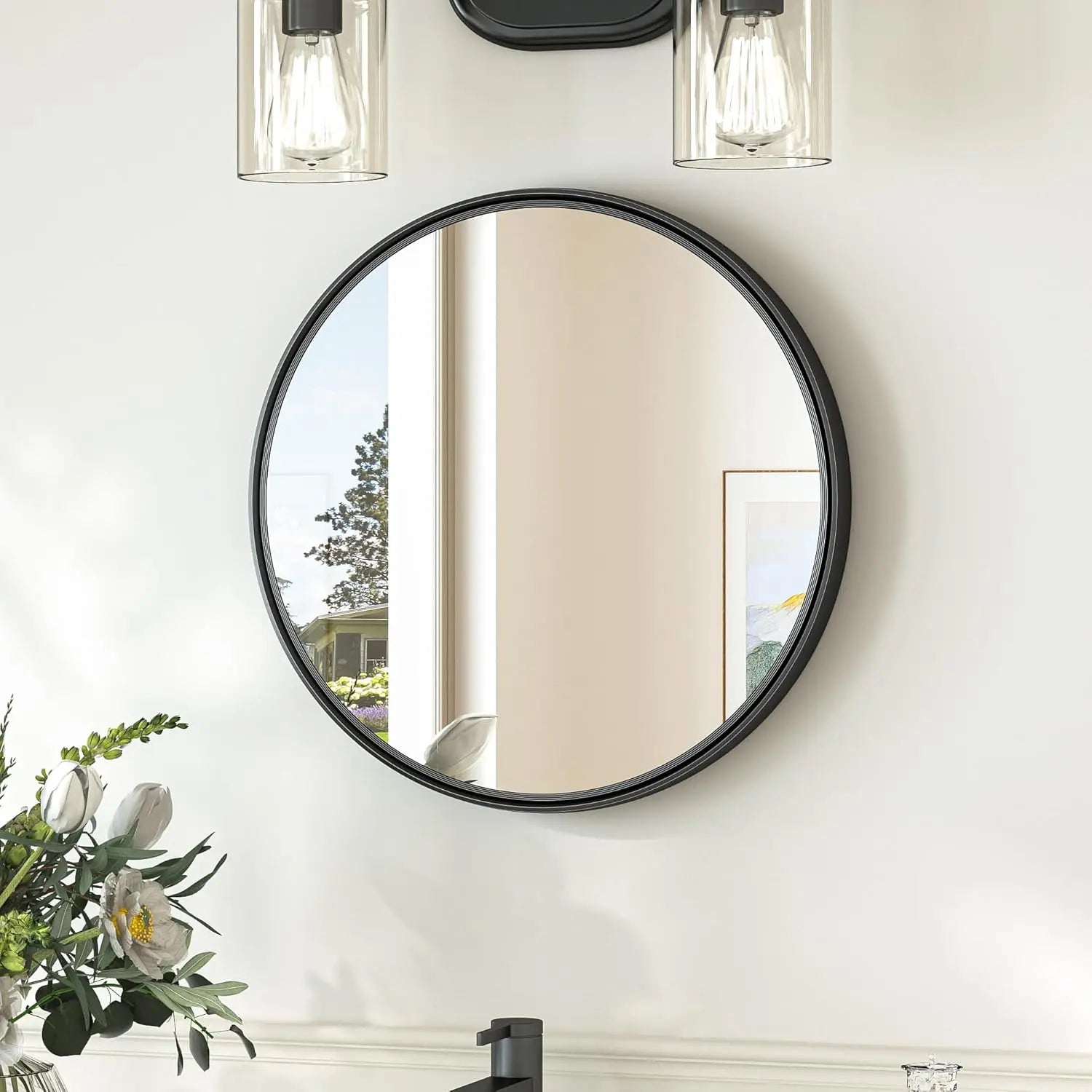 Round Bathroom Vanity Framed Mirror, Modern Circle Wall Mirror Farmhouse Aluminum, Shatterproof Round Bathroom Vanity Mirrored for Restroom, Bedroom, Entryway, Living Room