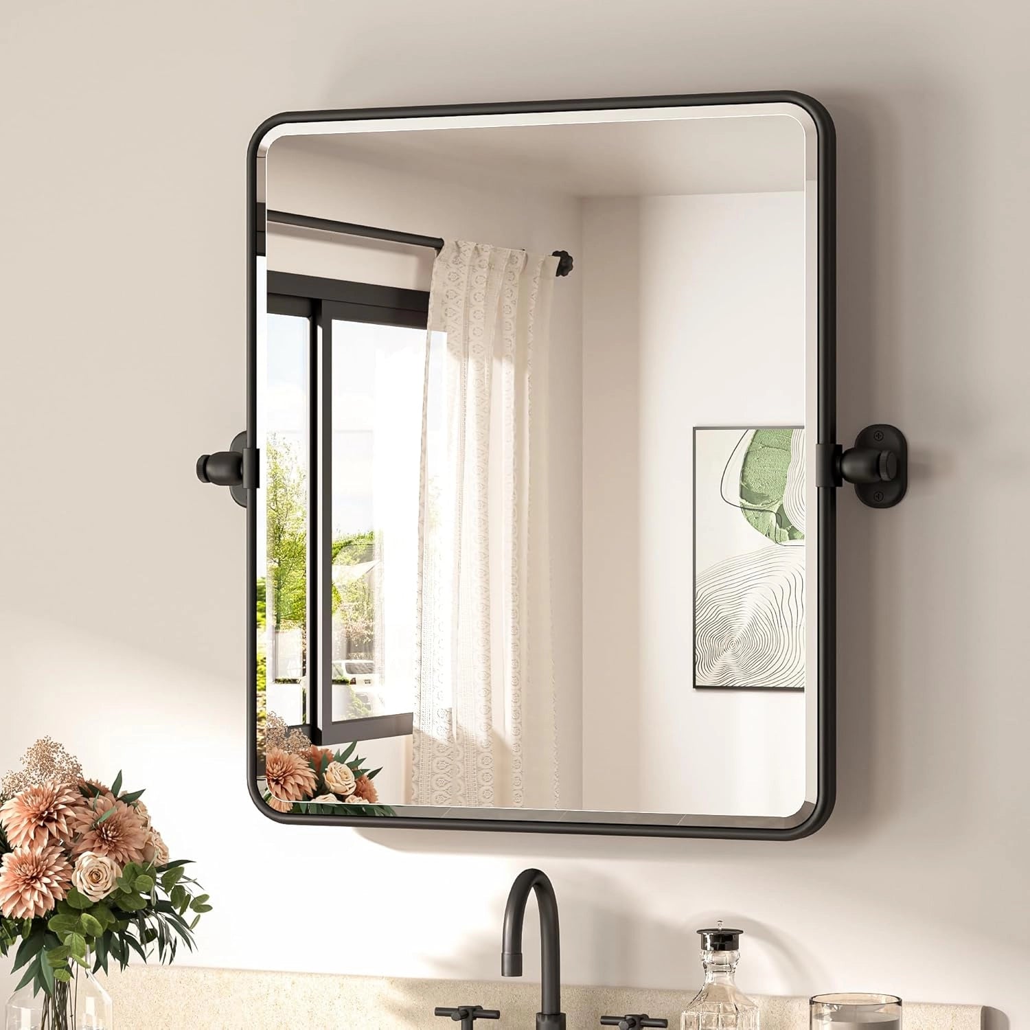 Pivot Rectangular Vanity Mirror – Metal Framed Wall Mirror with Beveled Edges and Rounded Corners, Modern Farmhouse Style, Adjustable Design, Horizontal or Vertical Mount