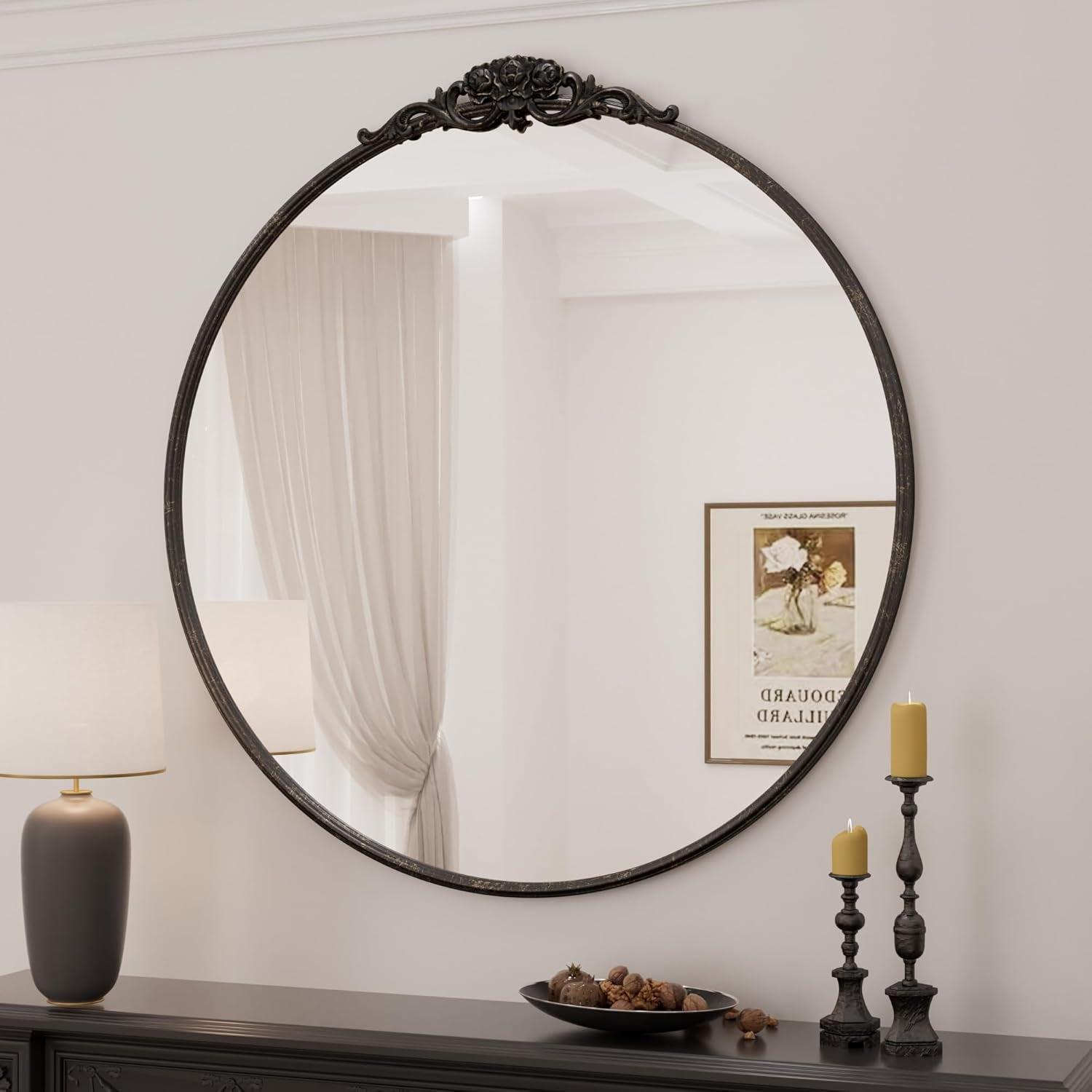 Vintage Gold Round Mirror with Metal Frame – Antique Wall-Mounted Vanity Mirror for Bedroom, Bathroom, or Fireplace, Baroque Style with French Cleat Mounting for Elegant Home Décor