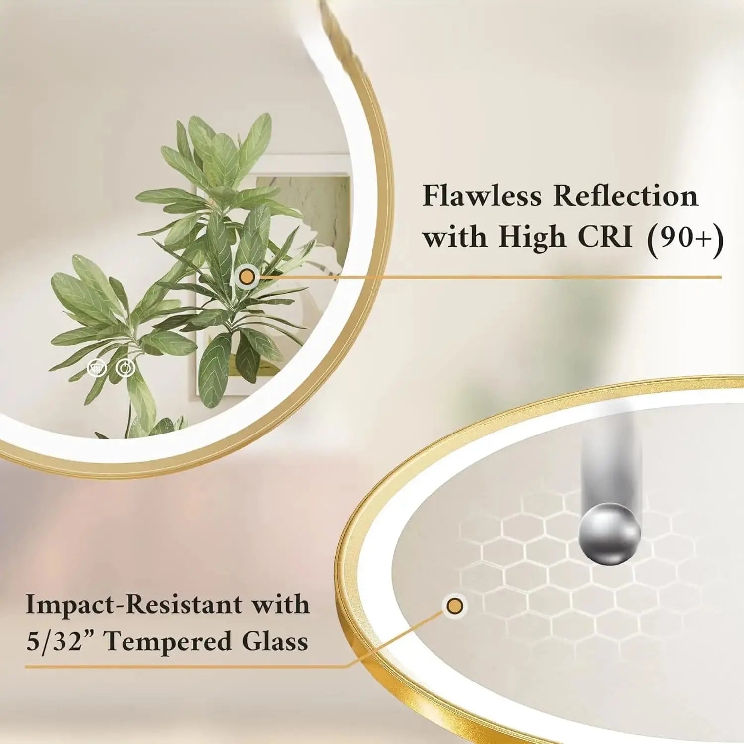 Round LED Mirror, Metal Framed Round Circle Lighted Bathroom Vanity Mirror Wall Mounted, Front and Backlit 3 Color Stepless Dimmable Anti Fog, Shatterproof, CRI 90+