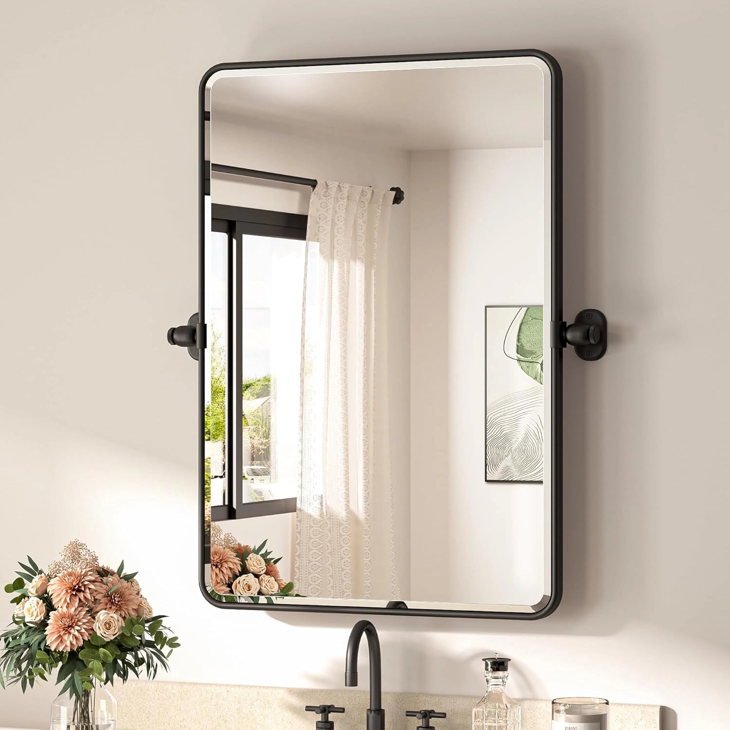 Pivot Rectangular Vanity Mirror – Metal Framed Wall Mirror with Beveled Edges and Rounded Corners, Modern Farmhouse Style, Adjustable Design, Horizontal or Vertical Mount