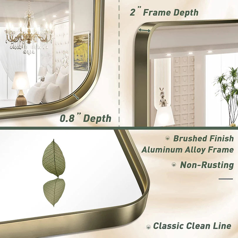 Bathroom Vanity Mirror with Brushed Gold Aluminum Frame – HD Tempered Glass Wall Mirror for Over Sink, Modern Design, Horizontal or Vertical Mount for Bathroom, Entryway, or Bedroom