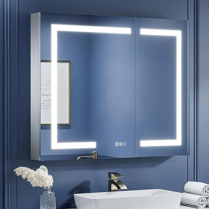 Recessed Medicine Cabinet with Lights 3 Colors Dimmable, Led Medicine Cabinet Mirror with Outlet and Defogger,2-Side Front Lit Bathroom Vanity,Restroom Mirror with Storage