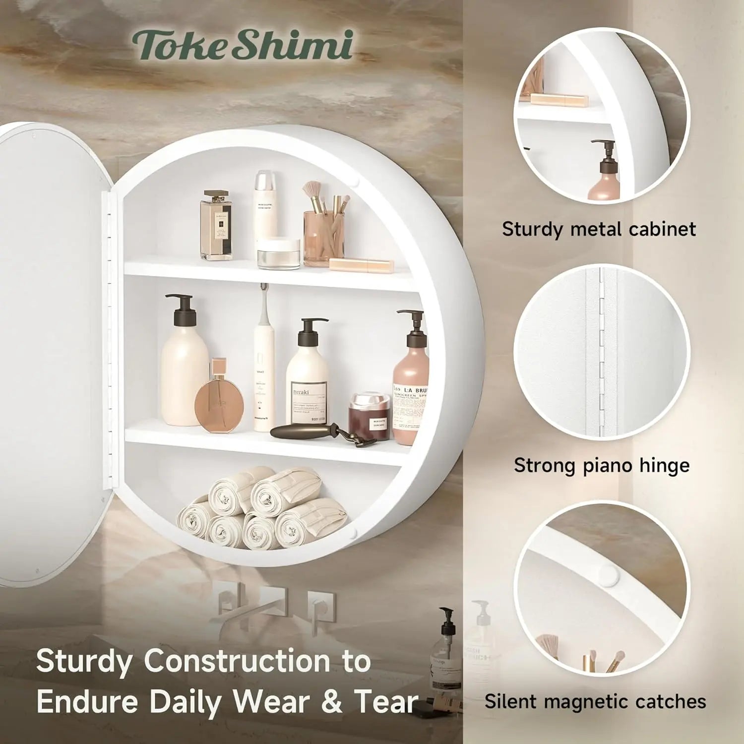 Round Bathroom Medicine Cabinet with Mirror Surface Mount Only Circular Metal Framed Farmhouse Black Medicine Cabinets for Wall Small Circle Mirrored Bath Cabinet with Vanity Mirror