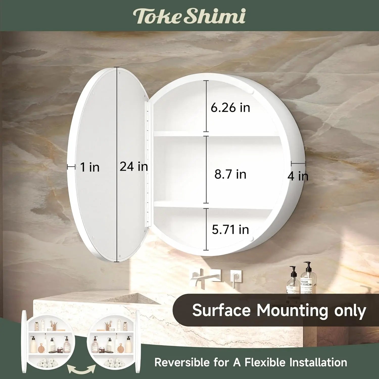 Round Bathroom Medicine Cabinet with Mirror Surface Mount Only Circular Metal Framed Farmhouse Black Medicine Cabinets for Wall Small Circle Mirrored Bath Cabinet with Vanity Mirror