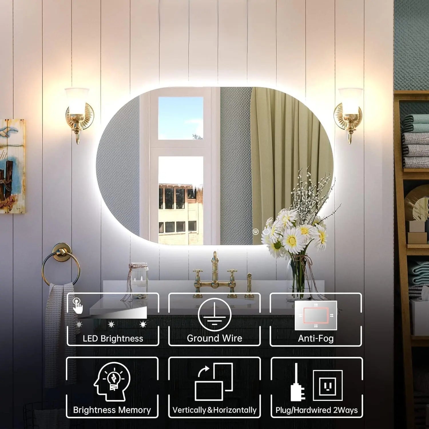 Oval LED Bathroom Vanity Stylish Mirror – Lighted Vanity Mirror with Anti-Fog and Dimmable Lighting, Wall Mounted Long Makeup Mirror, Can Be Installed Horizontally or Vertically for Modern Decor