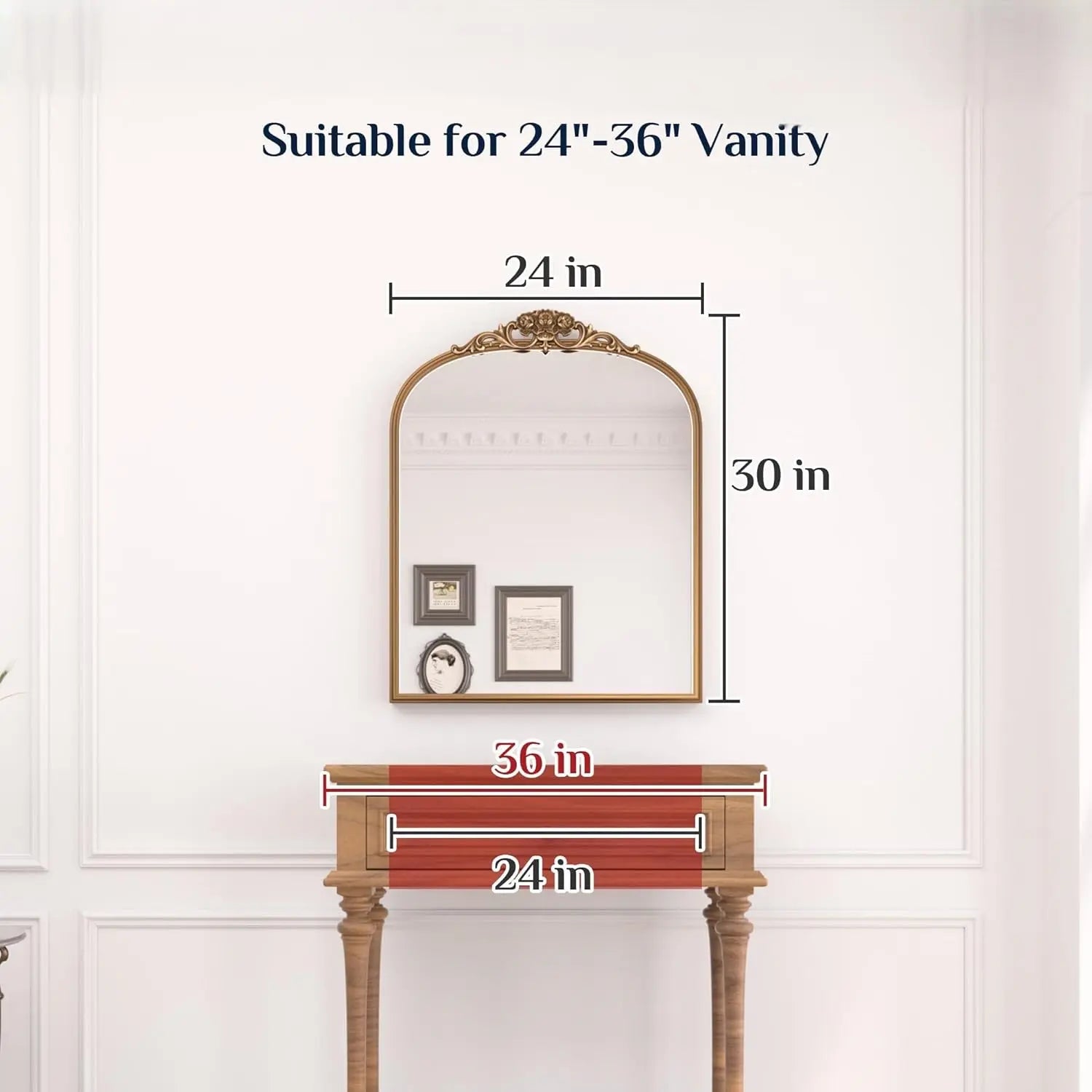 Vintage Arched Mirror – Ornate Baroque Decorative Wall Mirror for Bathroom, Mantle, Entryway, or Living Room, Antique Brass Finish with French Cleat Mounting for Easy Installation