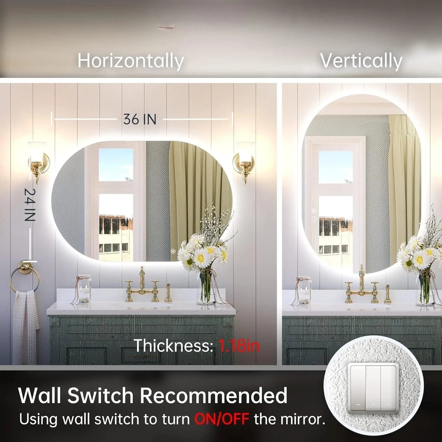 Oval LED Bathroom Vanity Stylish Mirror – Lighted Vanity Mirror with Anti-Fog and Dimmable Lighting, Wall Mounted Long Makeup Mirror, Can Be Installed Horizontally or Vertically for Modern Decor