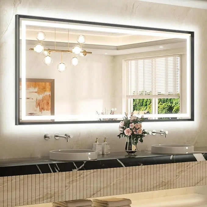 Bathroom Vanity LED Mirror  Frame Frontlit & Backlit Vanity Mirror Anti-Fog Stepless Dimmable 3 Colors White/Warm/Natural Mirror with Lights Wall-Mounted