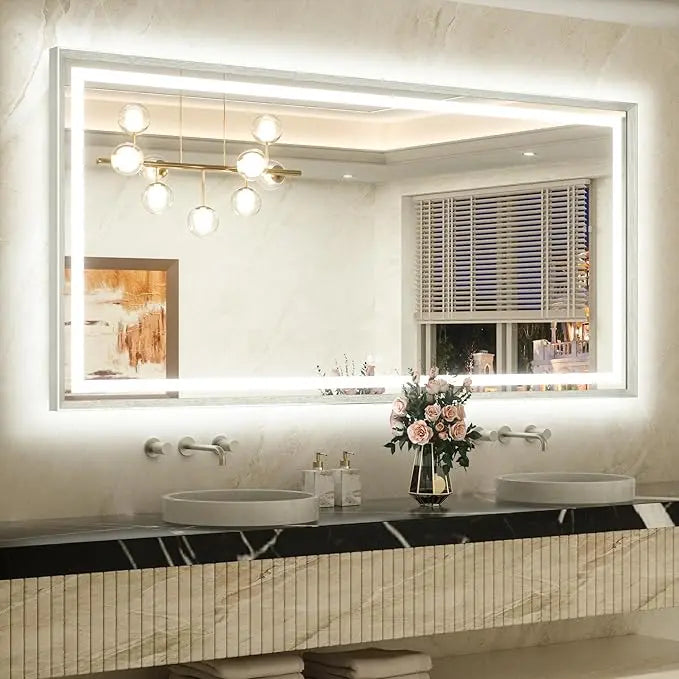 Bathroom Vanity LED Mirror  Frame Frontlit & Backlit Vanity Mirror Anti-Fog Stepless Dimmable 3 Colors White/Warm/Natural Mirror with Lights Wall-Mounted