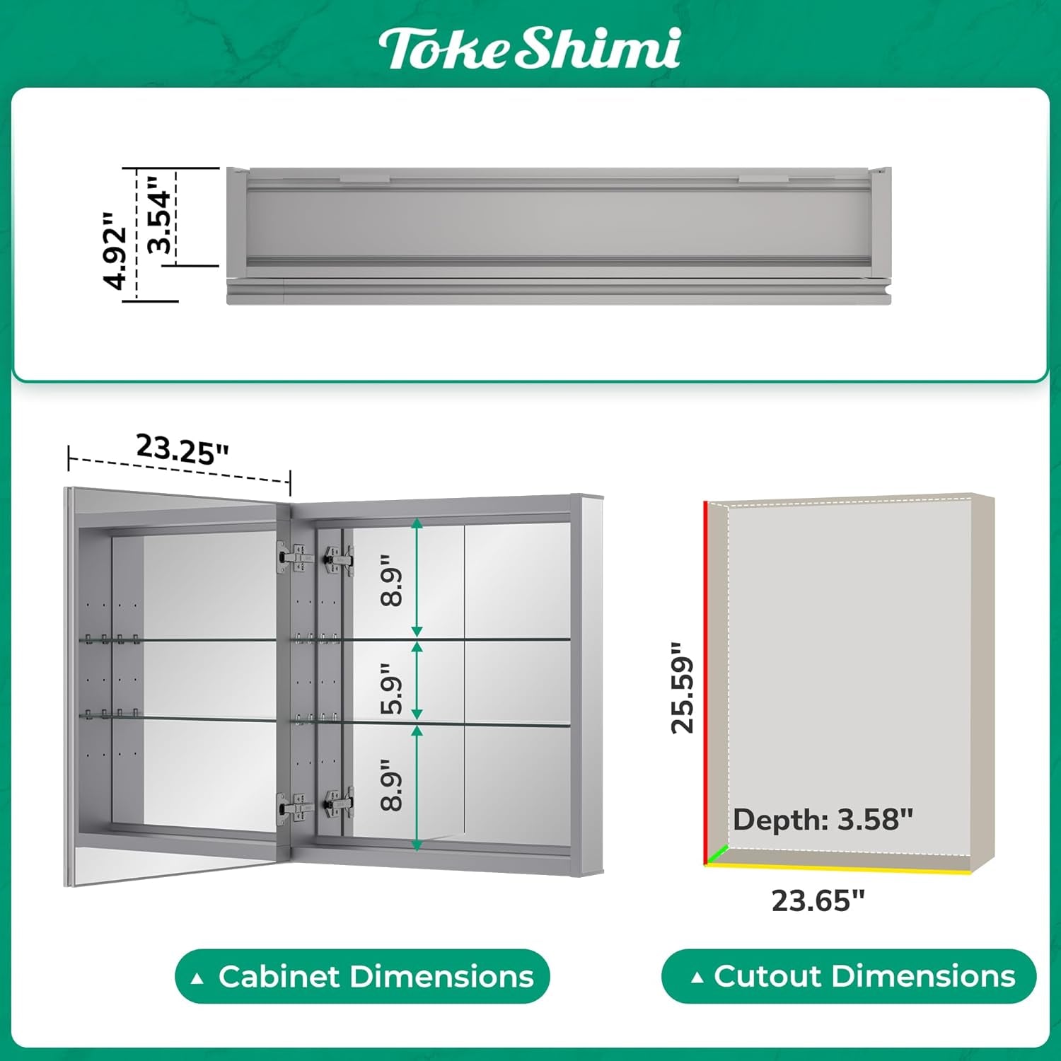 TokeShimi  Aluminum Medicine Cabinet with Mirror | Recessed or Surface Mount | Adjustable Tempered Glass Shelves | Modern Bathroom Storage Cabinet