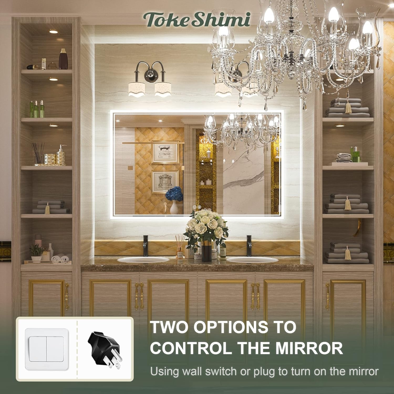 TokeShimi LED Bathroom Vanity Mirror with Lights, Wall Mounted Mirror Cabinet with Tri-Color Dimmable Lighting (3000K/4500K/6000K), Touch Sensor, Modern Storage Design