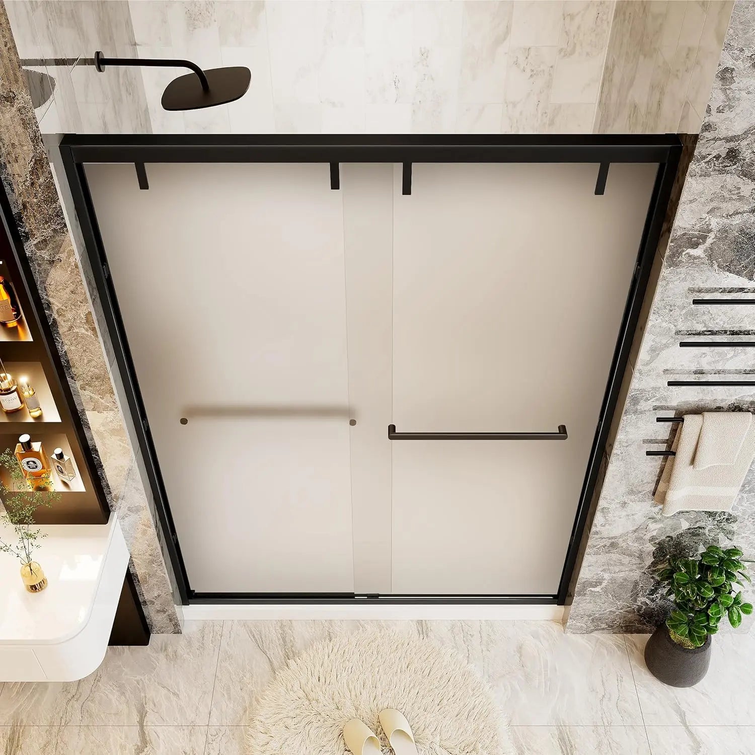 Double Sliding Semi-Frameless Glass Shower Door – Modern Bathroom Entry with Smooth Rollers, Clear Tempered Glass Panels, Reversible Design, Space-Saving and Easy to Install