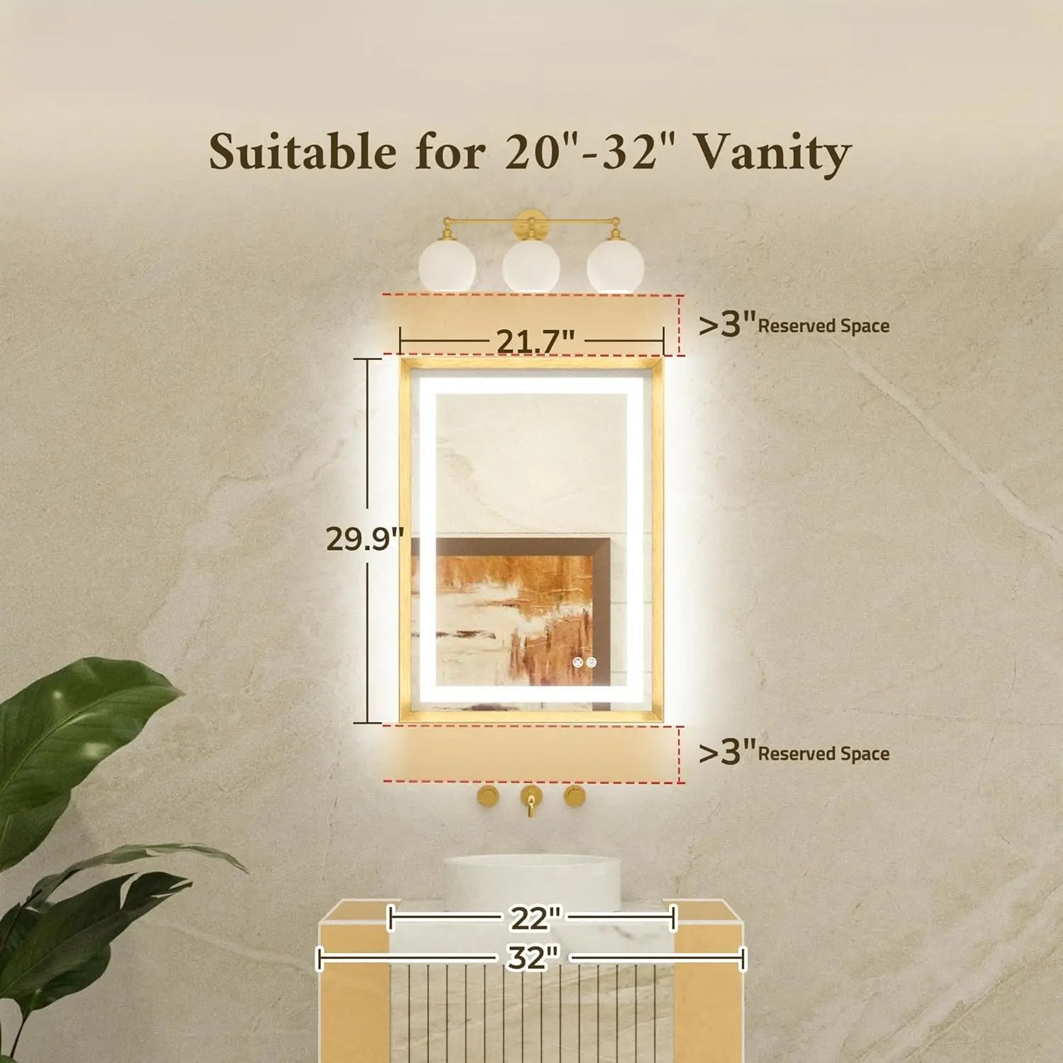 Bathroom Vanity LED Mirror  Frame Frontlit & Backlit Vanity Mirror Anti-Fog Stepless Dimmable 3 Colors White/Warm/Natural Mirror with Lights Wall-Mounted