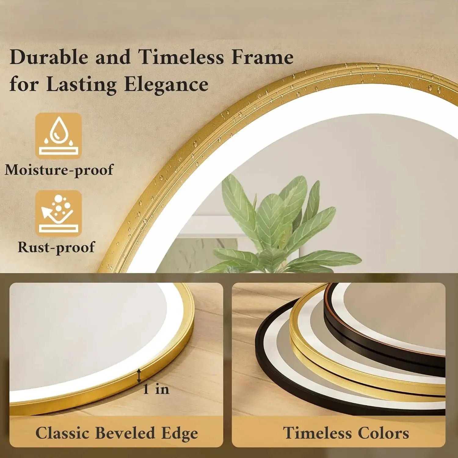 Round LED Mirror, Metal Framed Round Circle Lighted Bathroom Vanity Mirror Wall Mounted, Front and Backlit 3 Color Stepless Dimmable Anti Fog, Shatterproof, CRI 90+