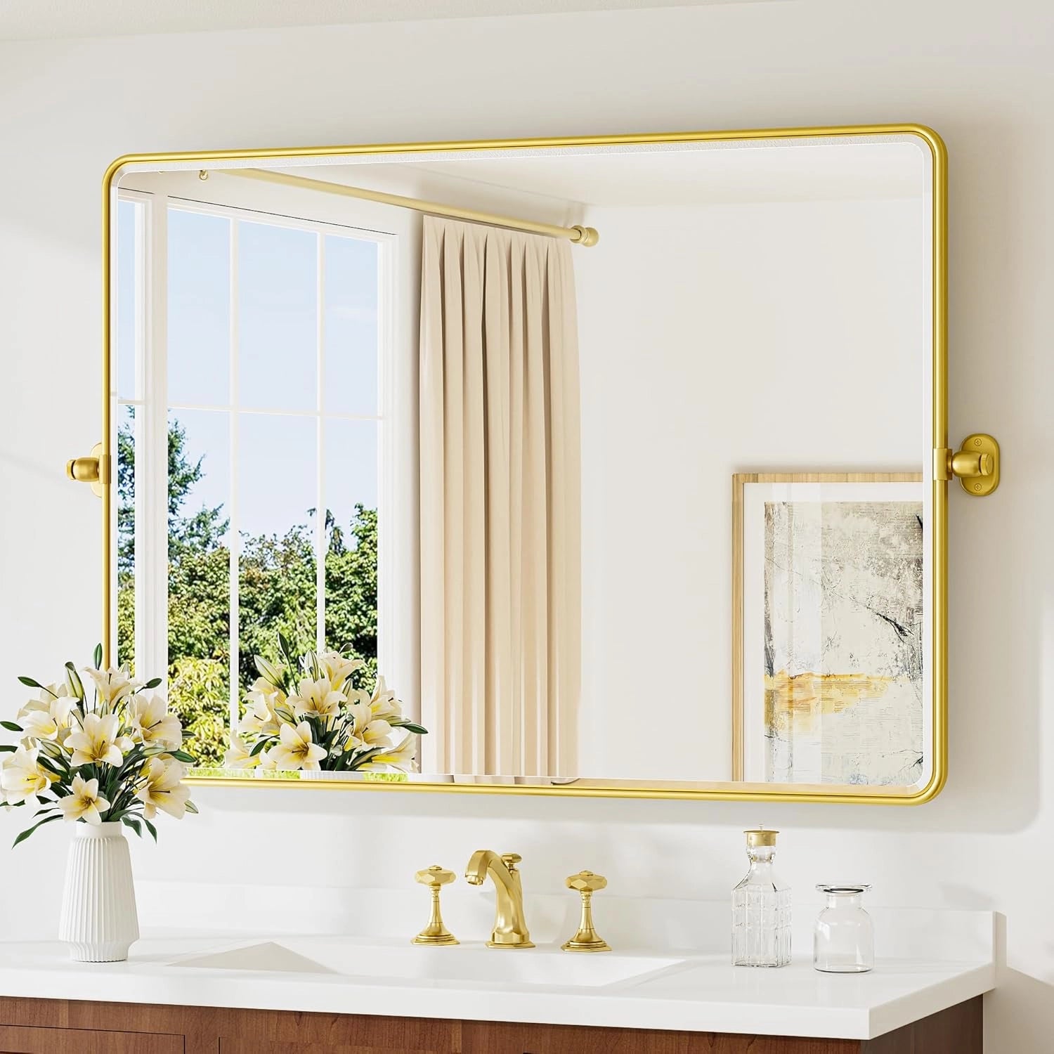 Pivot Rectangular Vanity Mirror – Metal Framed Wall Mirror with Beveled Edges and Rounded Corners, Modern Farmhouse Style, Adjustable Design, Horizontal or Vertical Mount