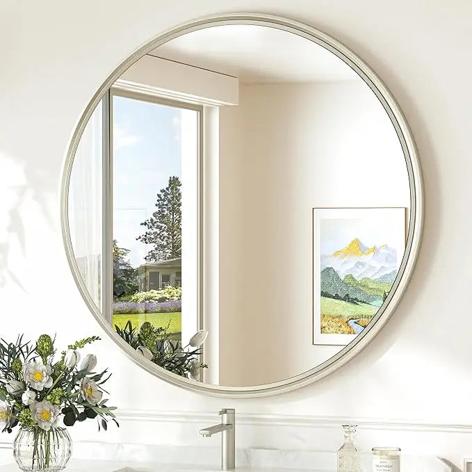 Round Bathroom Vanity Framed Mirror, Modern Circle Wall Mirror Farmhouse Aluminum, Shatterproof Round Bathroom Vanity Mirrored for Restroom, Bedroom, Entryway, Living Room
