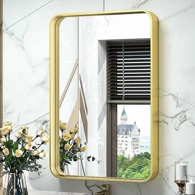 Bathroom Vanity Mirror with Brushed Gold Aluminum Frame – HD Tempered Glass Wall Mirror for Over Sink, Modern Design, Horizontal or Vertical Mount for Bathroom, Entryway, or Bedroom