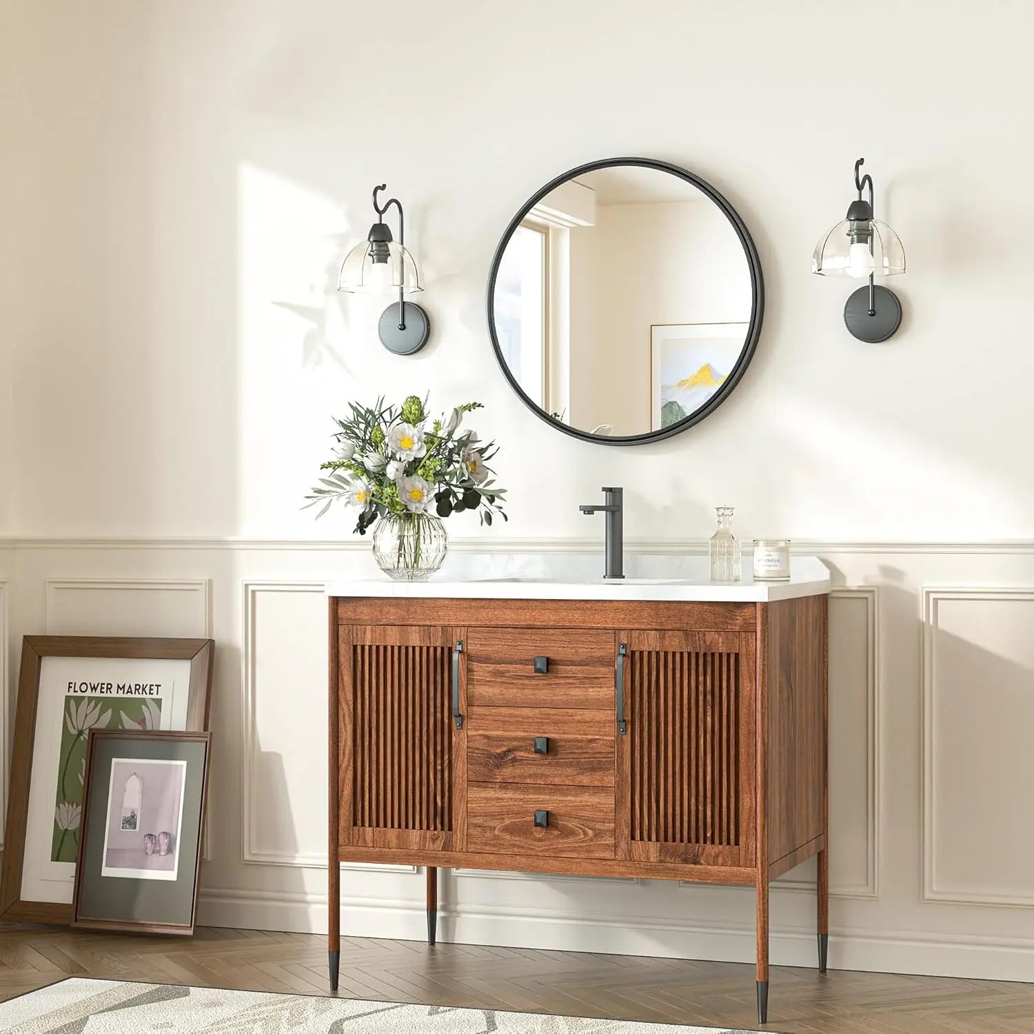 Round Bathroom Vanity Framed Mirror, Modern Circle Wall Mirror Farmhouse Aluminum, Shatterproof Round Bathroom Vanity Mirrored for Restroom, Bedroom, Entryway, Living Room