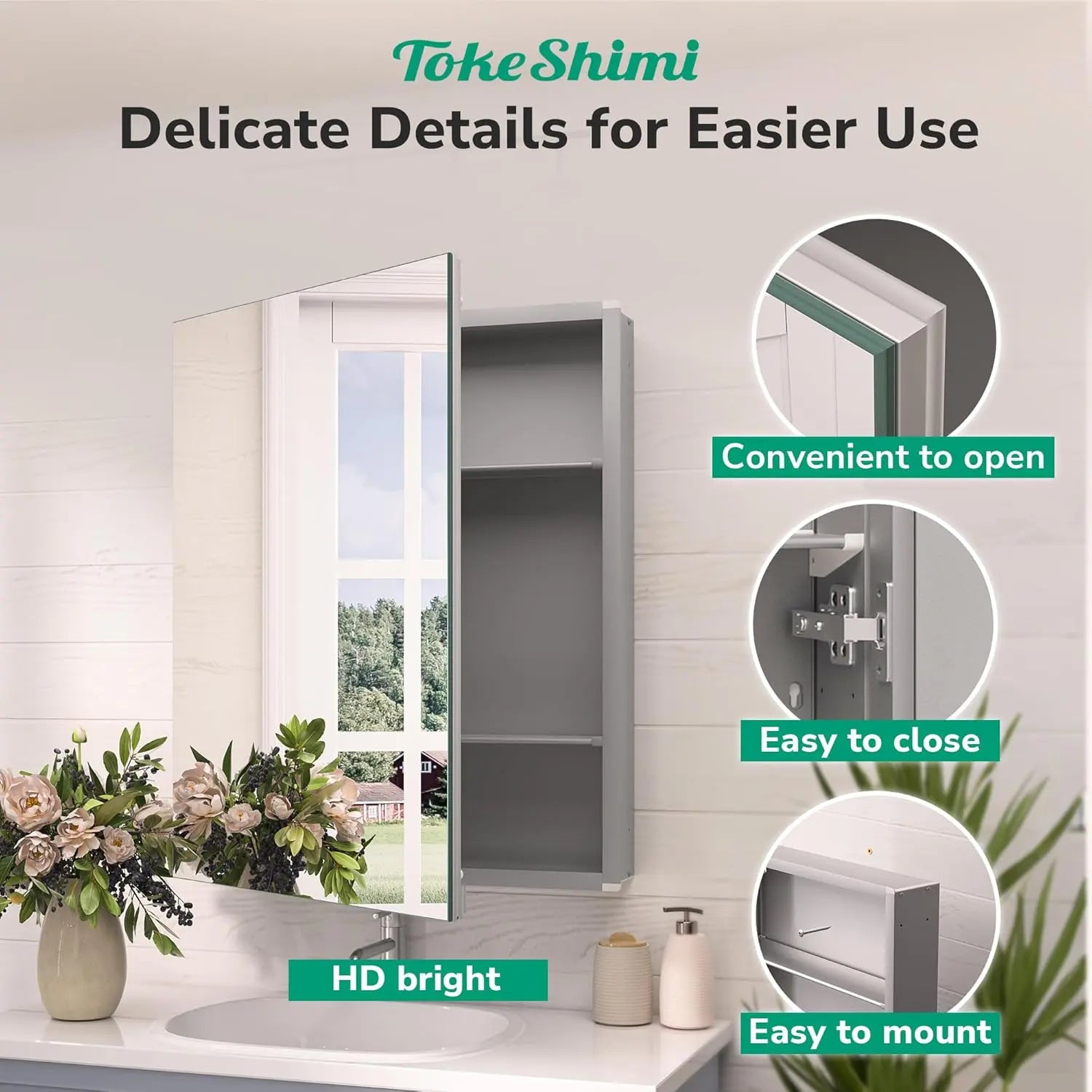 Medicine Cabinet Mirror with Storage – Tempered Glass, Aluminum Frame, Surface Mount or Recessed, Adjustable Shelves – Silver Bathroom Vanity Cabinet for Modern Farmhouse Decor