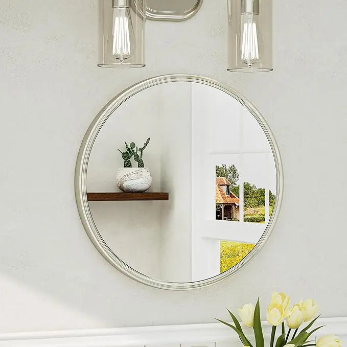Round Bathroom Vanity Framed Mirror, Modern Circle Wall Mirror Farmhouse Aluminum, Shatterproof Round Bathroom Vanity Mirrored for Restroom, Bedroom, Entryway, Living Room