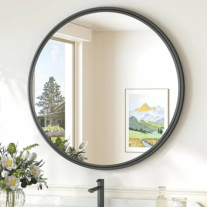 Round Bathroom Vanity Framed Mirror, Modern Circle Wall Mirror Farmhouse Aluminum, Shatterproof Round Bathroom Vanity Mirrored for Restroom, Bedroom, Entryway, Living Room