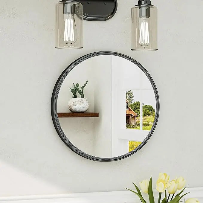 Round Bathroom Vanity Framed Mirror, Modern Circle Wall Mirror Farmhouse Aluminum, Shatterproof Round Bathroom Vanity Mirrored for Restroom, Bedroom, Entryway, Living Room