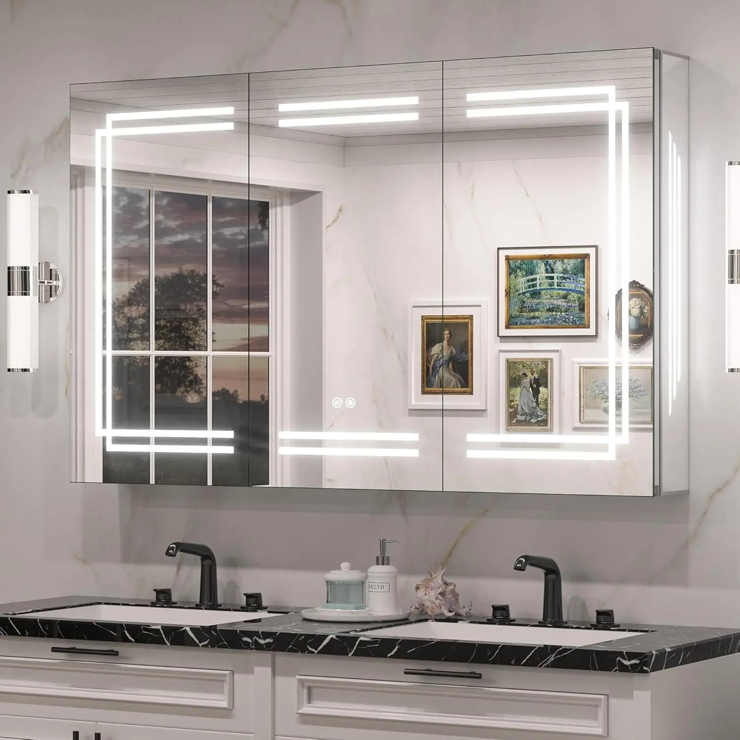 Medicine Cabinet Mirrored, Anti-Fog Tempered Bathroom Vanity LED Mirror with Storage 3 Color Stepless Dimming, CRI 80+, Memory Funtion, Surface Mount Medicine Cabinet with Light