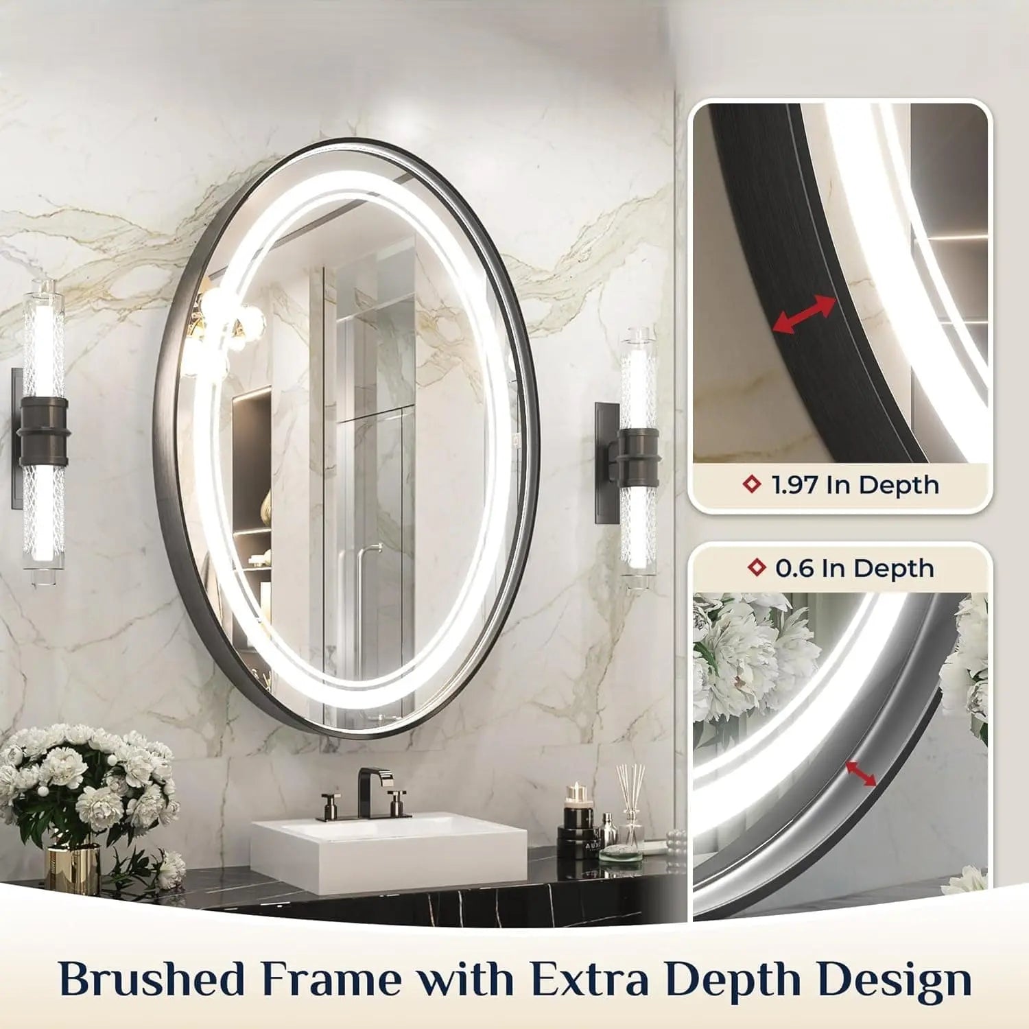LED Oval Bathroom Mirror with Metal Frame – Frontlit Vanity Mirror for Wall with 3 Color Dimmable Lights, CRI 90+ Illumination, Modern Lighted Mirror for Stylish Bathroom Vanity Decor
