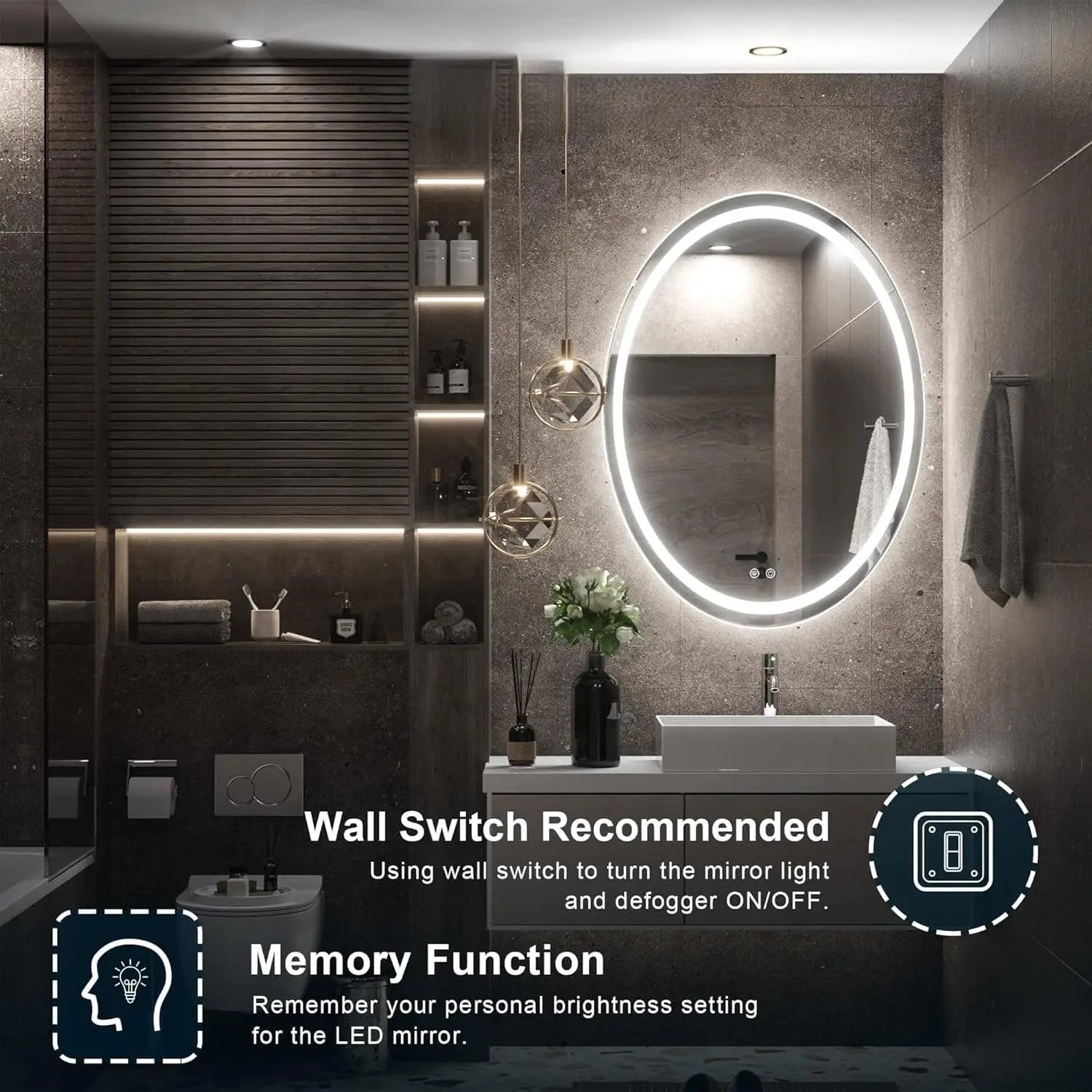 Oval LED Mirror for Bathroom Vanity, Frontlit Dimmable,Anti Fog,Vanity Mirror with Lights for Makeup Wall Mounted Lighted Modern Mirror