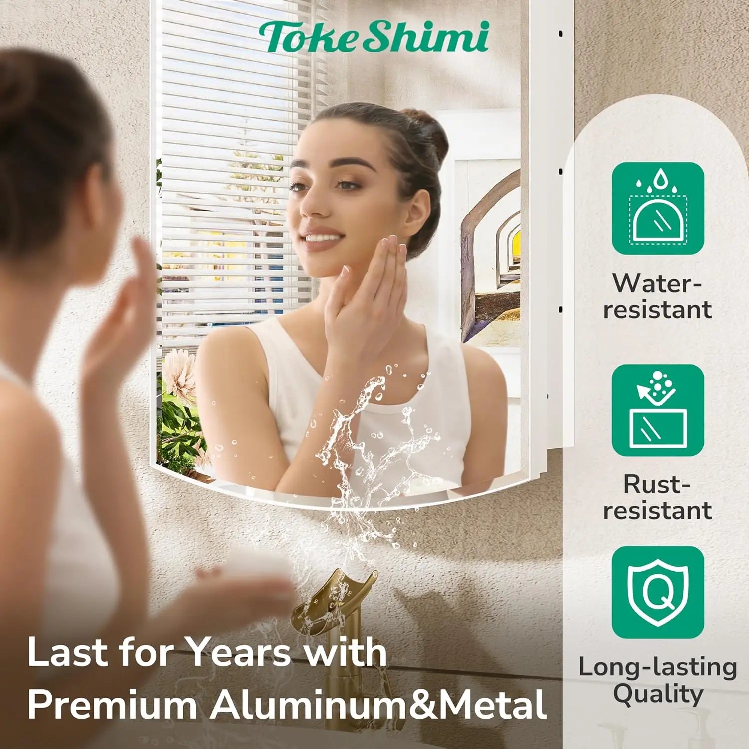 Bathroom Vanity Medicine Cabinet with Beveled Mirror – White Arched Design, Recessed or Wall Mount, Modern Metal Frame Storage Cabinet with Mirrored Door for Stylish and Functional Vanity Use