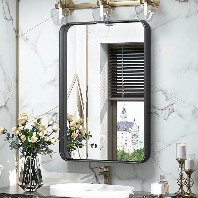 Bathroom Vanity Mirror with Brushed Gold Aluminum Frame – HD Tempered Glass Wall Mirror for Over Sink, Modern Design, Horizontal or Vertical Mount for Bathroom, Entryway, or Bedroom