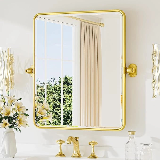 Pivot Rectangular Vanity Mirror – Metal Framed Wall Mirror with Beveled Edges and Rounded Corners, Modern Farmhouse Style, Adjustable Design, Horizontal or Vertical Mount