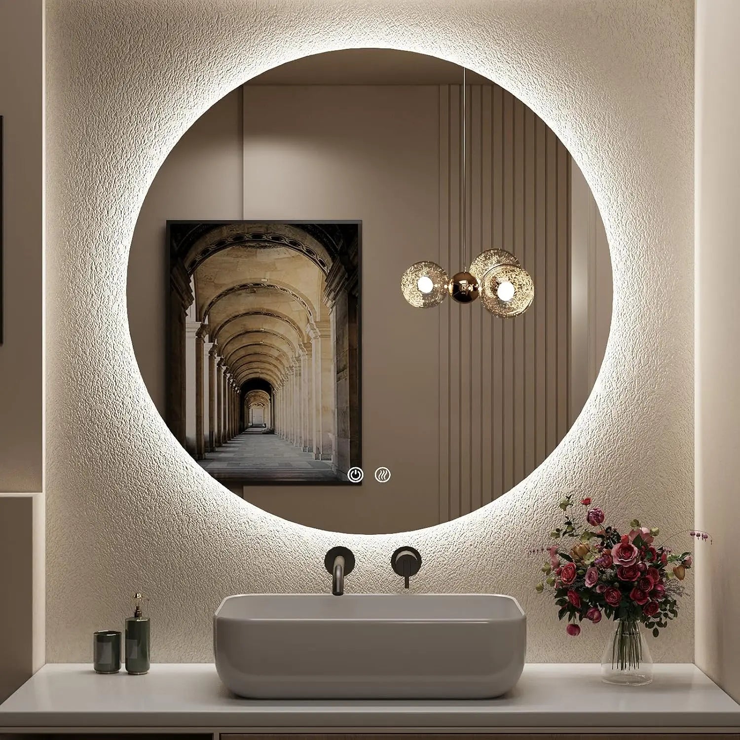Backlit Round LED Bathroom Vanity Decor Mirror – Lighted Vanity Circle Mirror with Anti-Fog, Dimmable 3 Color Modes, Waterproof Design, Modern Wall Mounted Mirror for Bathroom Decor