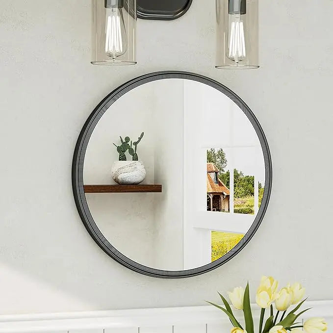 Round Bathroom Vanity Framed Mirror, Modern Circle Wall Mirror Farmhouse Aluminum, Shatterproof Round Bathroom Vanity Mirrored for Restroom, Bedroom, Entryway, Living Room