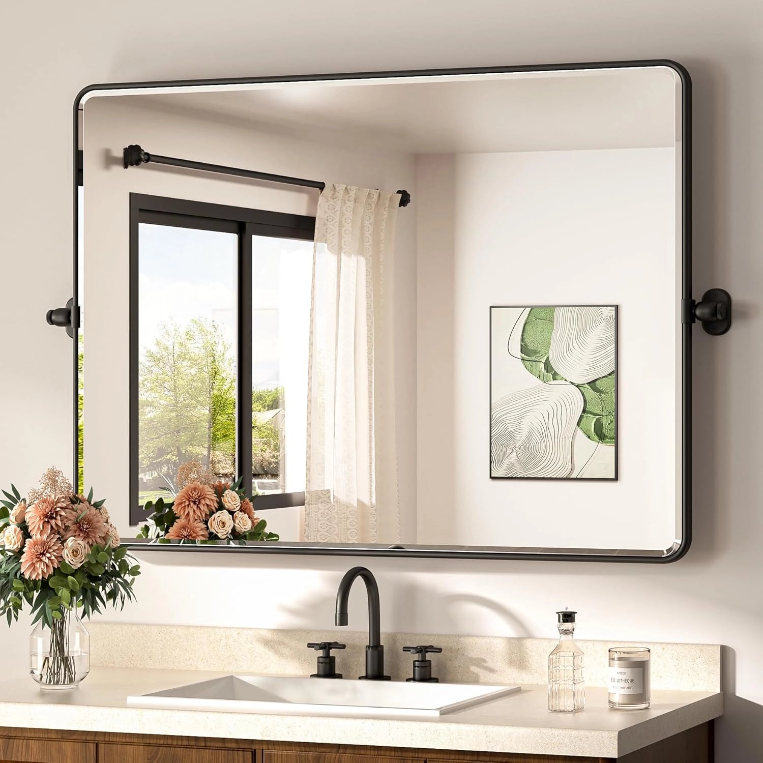 Pivot Rectangular Vanity Mirror – Metal Framed Wall Mirror with Beveled Edges and Rounded Corners, Modern Farmhouse Style, Adjustable Design, Horizontal or Vertical Mount