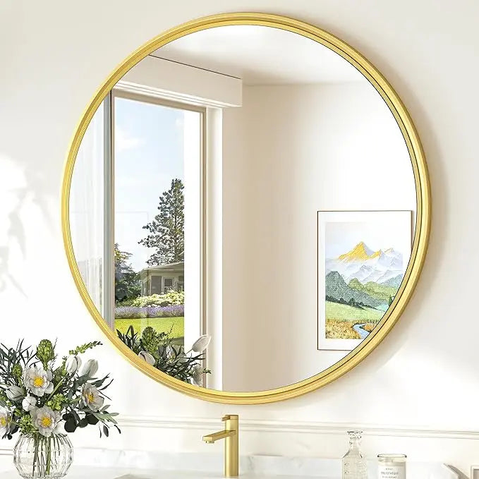 Round Bathroom Vanity Framed Mirror, Modern Circle Wall Mirror Farmhouse Aluminum, Shatterproof Round Bathroom Vanity Mirrored for Restroom, Bedroom, Entryway, Living Room