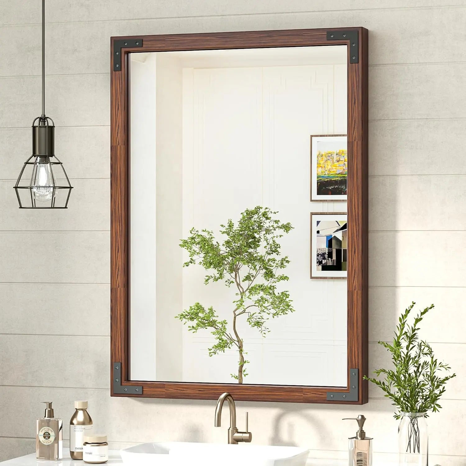 Wood Frame Bathroom Vanity Mirror for Wall – Rustic Farmhouse Style Vanity Mirror, Solid Wooden Frame for Over Sink Use, Mount Horizontally or Vertically – Modern Home Bathroom Decor