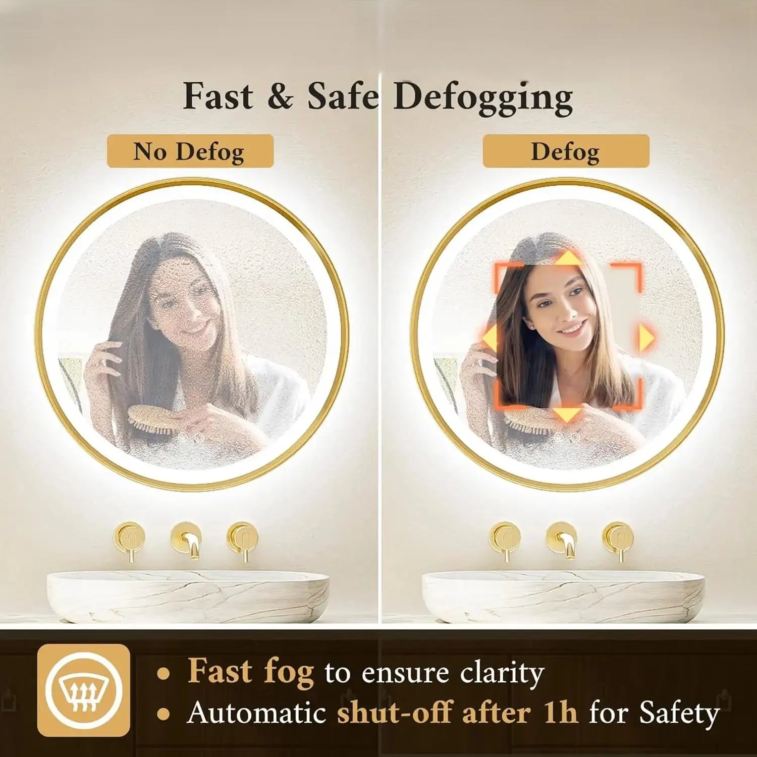 Round LED Mirror, Metal Framed Round Circle Lighted Bathroom Vanity Mirror Wall Mounted, Front and Backlit 3 Color Stepless Dimmable Anti Fog, Shatterproof, CRI 90+