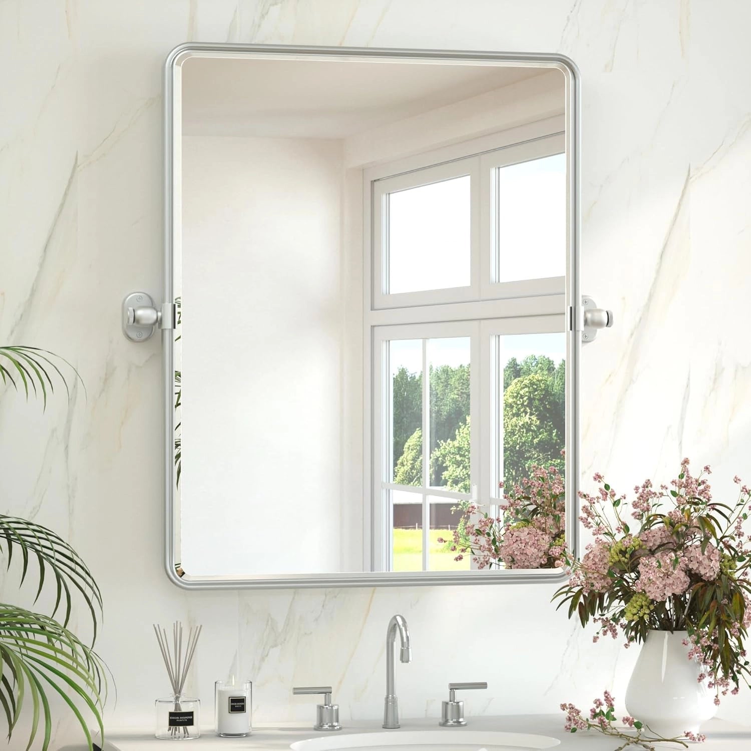 Pivot Rectangular Vanity Mirror – Metal Framed Wall Mirror with Beveled Edges and Rounded Corners, Modern Farmhouse Style, Adjustable Design, Horizontal or Vertical Mount