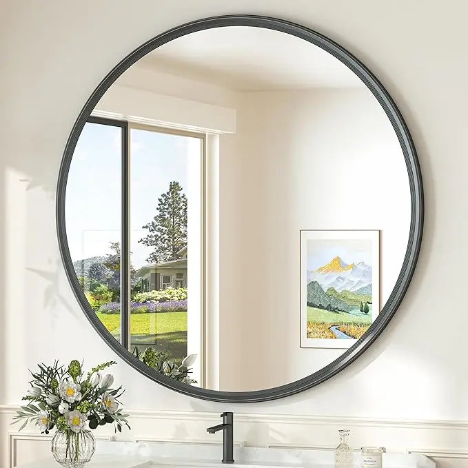 Round Bathroom Vanity Framed Mirror, Modern Circle Wall Mirror Farmhouse Aluminum, Shatterproof Round Bathroom Vanity Mirrored for Restroom, Bedroom, Entryway, Living Room