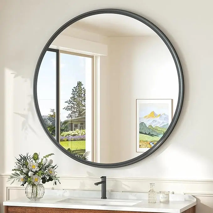 Round Bathroom Vanity Framed Mirror, Modern Circle Wall Mirror Farmhouse Aluminum, Shatterproof Round Bathroom Vanity Mirrored for Restroom, Bedroom, Entryway, Living Room