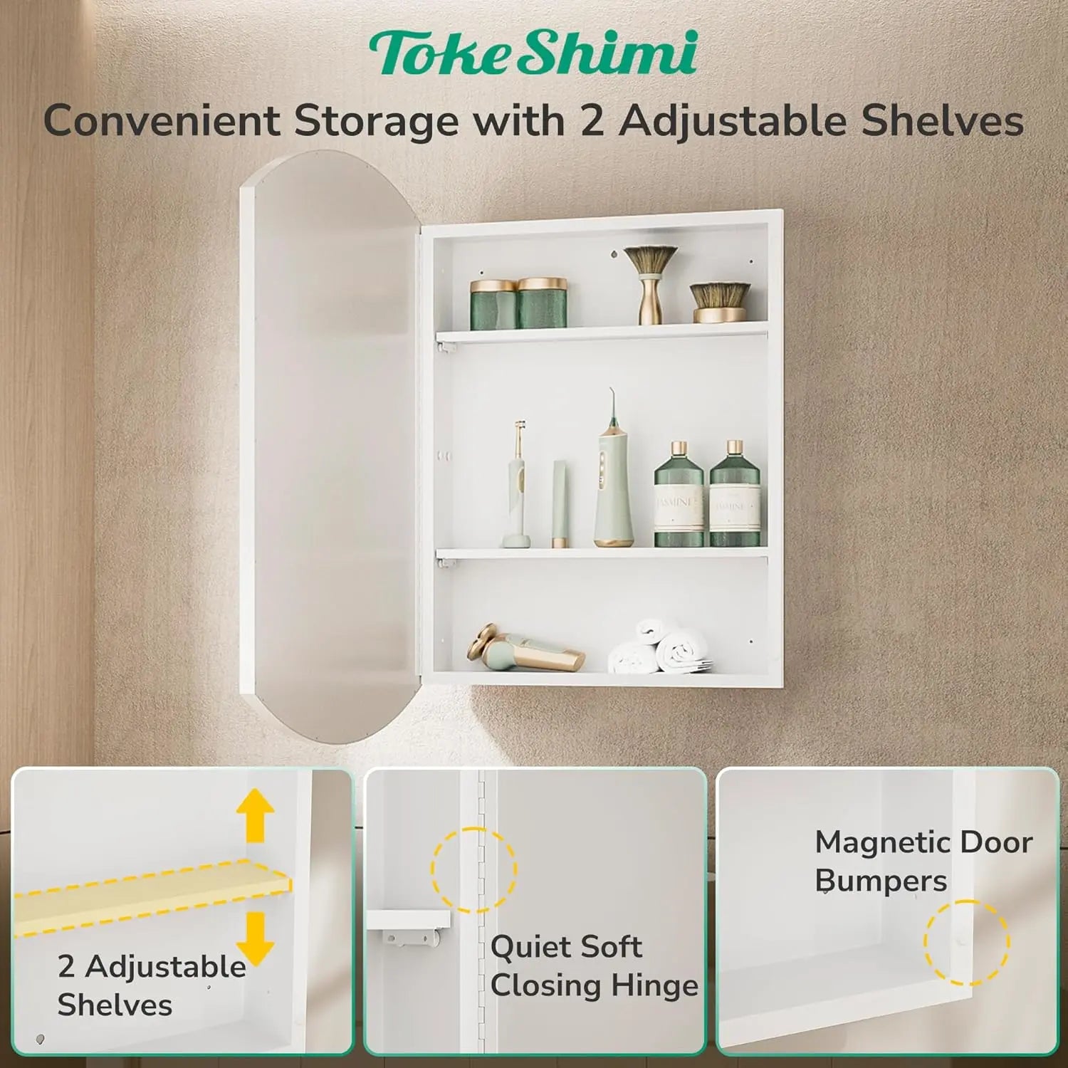 Bathroom Vanity Medicine Cabinet with Beveled Mirror – White Arched Design, Recessed or Wall Mount, Modern Metal Frame Storage Cabinet with Mirrored Door for Stylish and Functional Vanity Use