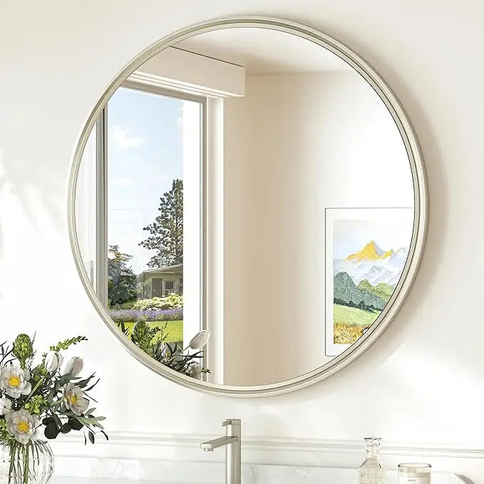Round Bathroom Vanity Framed Mirror, Modern Circle Wall Mirror Farmhouse Aluminum, Shatterproof Round Bathroom Vanity Mirrored for Restroom, Bedroom, Entryway, Living Room