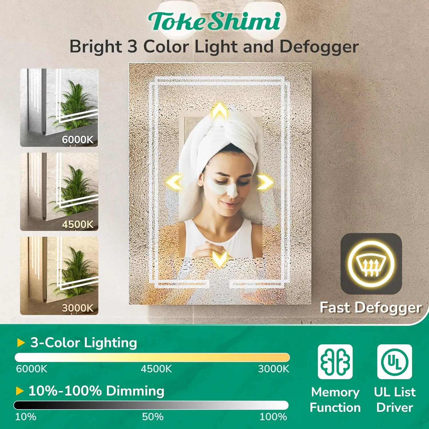 Medicine Cabinet Mirrored, Anti-Fog Tempered Bathroom Vanity LED Mirror with Storage 3 Color Stepless Dimming, CRI 80+, Memory Funtion, Surface Mount Medicine Cabinet with Light